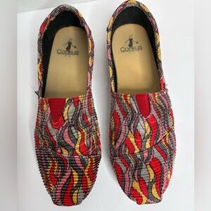 Corkys Vibrant Red and Yellow Slip-Ons Size 8 Sues Pleat